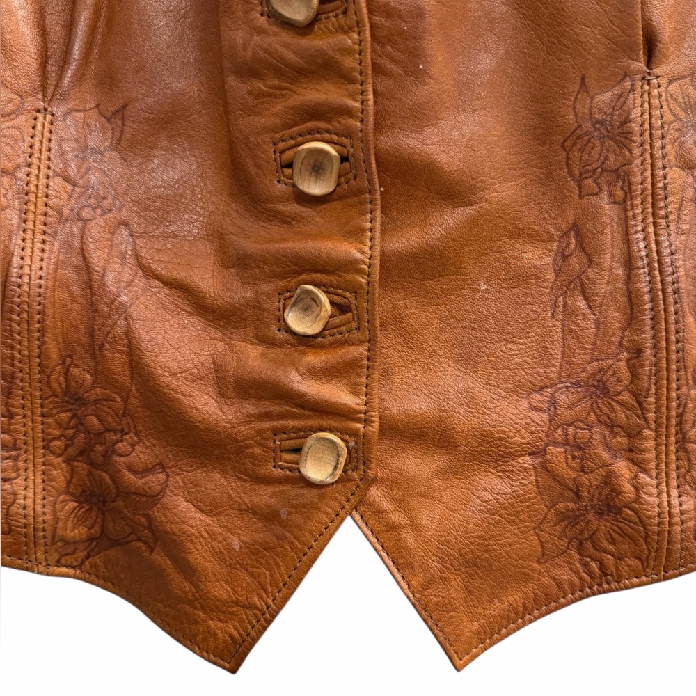 Vintage Brown Leather Embroidered Button-Front Vest - Picture 4 of 9